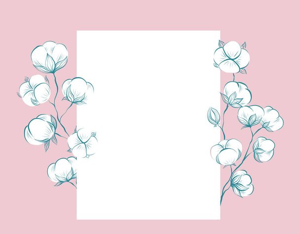 Square delicate card with sketches of cotton plant and stems, copy space on pink background. Vector gentle outline herbal template with stems, fluffy balls and place for text. Contour natural postcard - Vettoriali, immagini