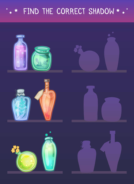 Find the correct shadow. Vector template for preschool games. Childrens educational fun. Find right silhouette for group of bottles on shelves. Cartoon various magical potions, poisons and antidotes. - Vecteur, image