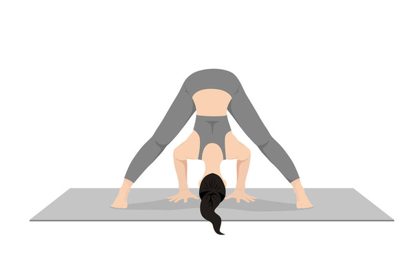 Intense Leg Stretch Pose. Feet Spread Intense Stretch Pose, Wide-Legged Forward Bend Pose. Beautiful girl practice Prasarita Padottanasana. Young attractive woman practicing yoga exercise. working out, black wearing sportswear, grey pants and top, in - Вектор,изображение