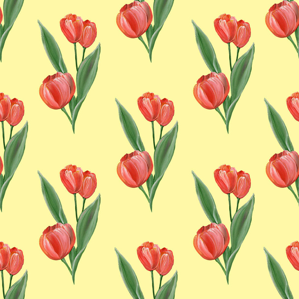 Seamless pattern with red tulips and green leaves on a yellow background. Delicate spring flowers. Watercolor illustration. For the design of postcards, textiles, gift wrapping. - Valokuva, kuva