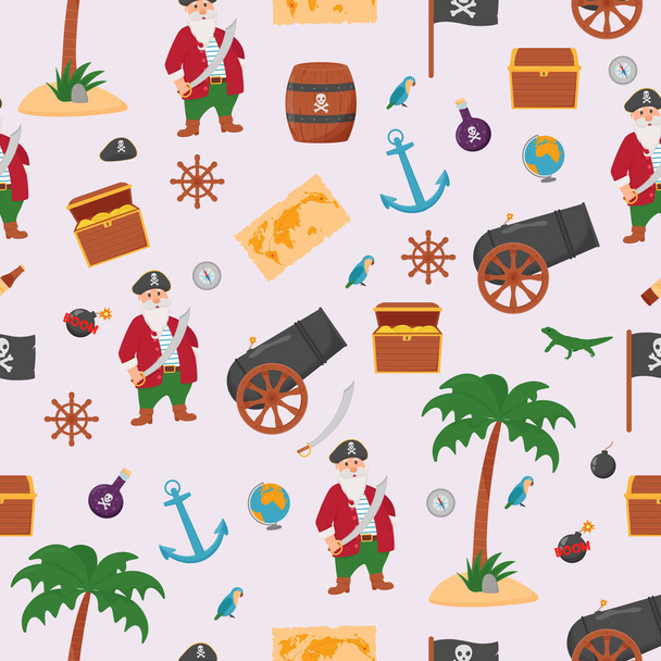 Bundel piraten naadloos patroon. Bundelpiraat, schatkaart, rum, scheepswiel, ankervatenbom - Vector, afbeelding