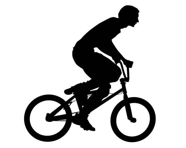 Ekstrem numaralar için bisiklete binen genç bir sporcu. Beyaz arka planda izole edilmiş siluet - Vektör, Görsel