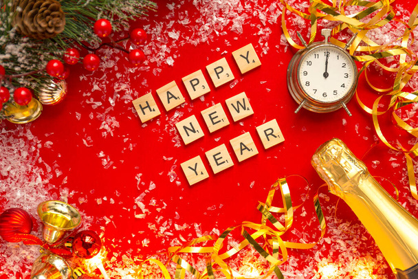 new year background with clock and christmas decorations - 写真・画像