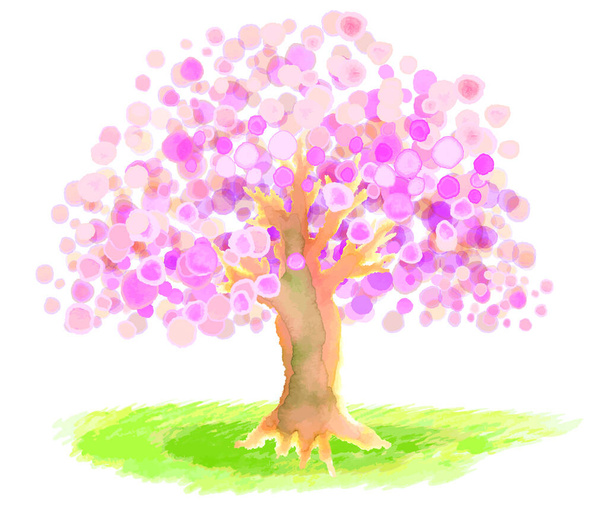 ručně malované akvarel třešeň květ strom a tráva ilustrace - Vektor, obrázek