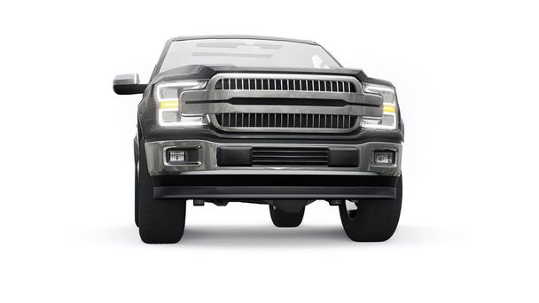 Egy nagy kék modern pickup teherautó dupla fülkével, világító fényszórók fehér egységes háttér. 3D-s renderelés - Fotó, kép