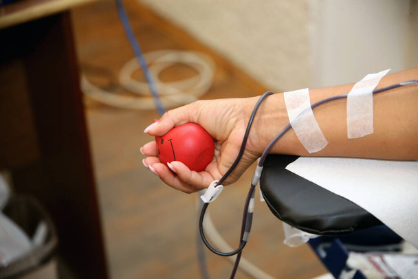 Détail avec la main d'un donneur de sang et un sac de sang en plastique dans un hôpital
 - Photo, image