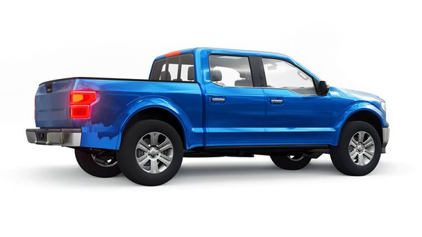 Una gran camioneta azul moderna con una cabina doble, faros brillantes sobre un fondo uniforme blanco. renderizado 3d - Foto, imagen