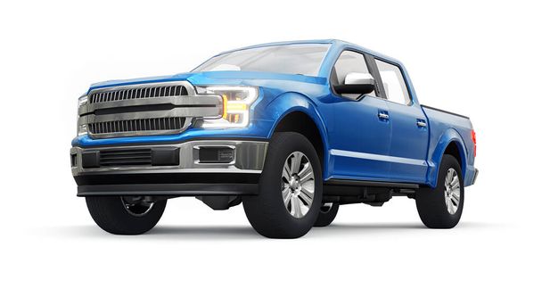 A large blue modern pickup truck with a double cab, glowing headlights on a white uniform background. 3d rendering - Photo, Image