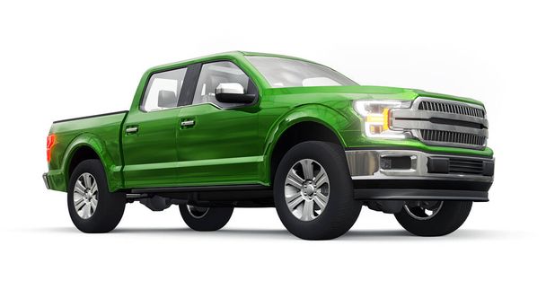 A large blue modern pickup truck with a double cab, glowing headlights on a white uniform background. 3d rendering - Photo, Image