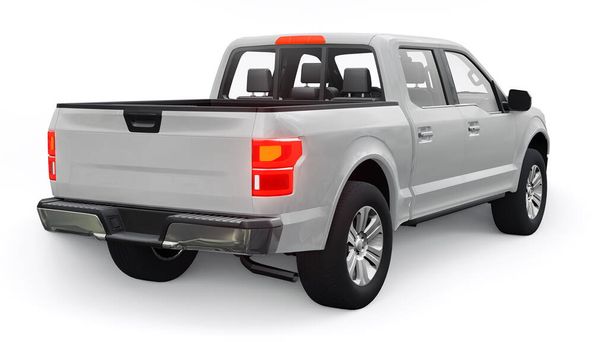 A large modern pickup truck with a double cab, glowing headlights on a white uniform background. 3d rendering - Photo, Image