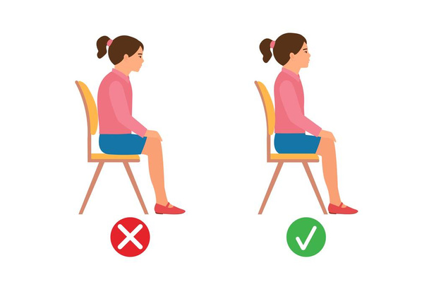 Správná pozice vsedě. Lékařské informace s dětskou páteří sedí špatně a dobře na židli. Izolovaná vektorová ilustrace - Vektor, obrázek