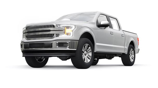 A large modern pickup truck with a double cab, glowing headlights on a white uniform background. 3d rendering - Photo, Image
