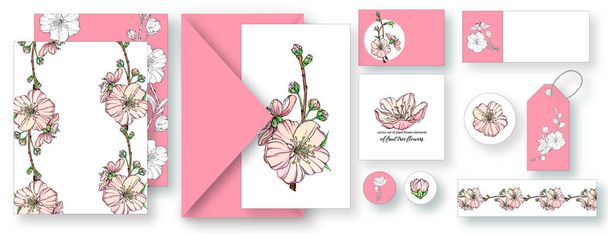 conjunto vetorial de cartões postais com estampa floral. Motivo da primavera. - Vetor, Imagem