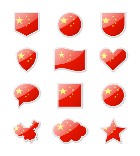 Chiny - zestaw flag w postaci naklejek o różnych kształtach. Ilustracja wektora - Wektor, obraz