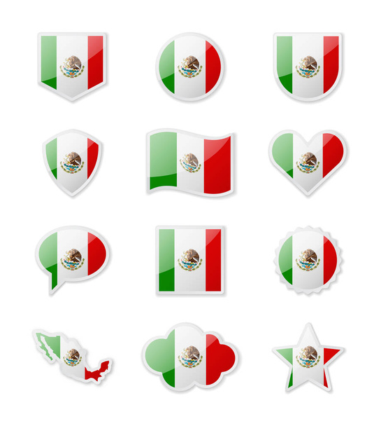 Mexico - set of country flags in the form of stickers of various shapes. Vector illustration - Вектор, зображення