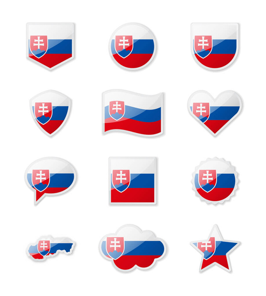 Slovacchia - set di bandiere di paese sotto forma di adesivi di varie forme. Illustrazione vettoriale - Vettoriali, immagini