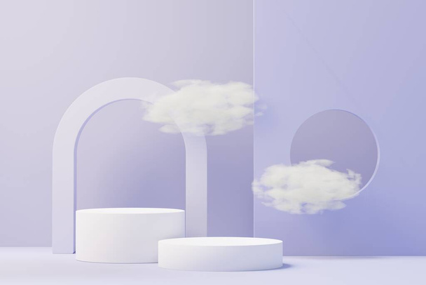 3D-Darstellung des Beauty-Podiums mit Very Peri Farbe des Jahres 2022 Design für Produktpräsentation und Werbung. Minimaler Pastellhimmel und verträumte Landschaften. Romantik-Konzept. - Foto, Bild