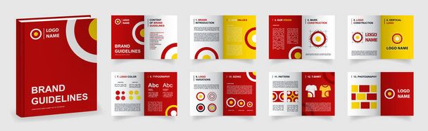 Red Brand Guidelines template. Brand Manual presentation in A4 size. Logo Guideline mockup. Logo Guide Book layout - Vettoriali, immagini