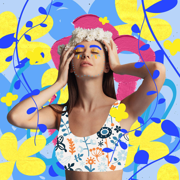 Bright artwork. Beautiful romantic girl on drawn colorful floral background. Contemporary collage. Magazine cover design. - Foto, Imagen