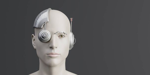 Portrait of Cyberpunk Trans human cyborg with advanced and futuristic technology 3d render 3d illustration - Photo, Image