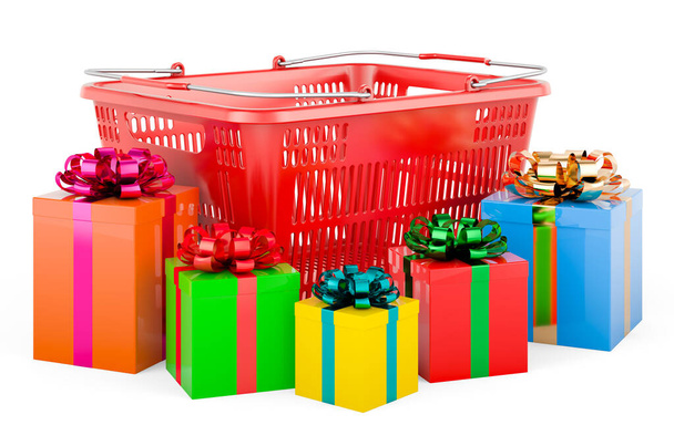 Cesta de la compra con cajas de regalo, representación 3D aislada sobre fondo blanco - Foto, Imagen