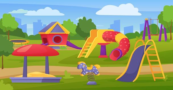 Empty children outdoor playground in city park or schoolyard. Cartoon kindergarten play area with slide, swing, sandbox vector illustration - Vetor, Imagem