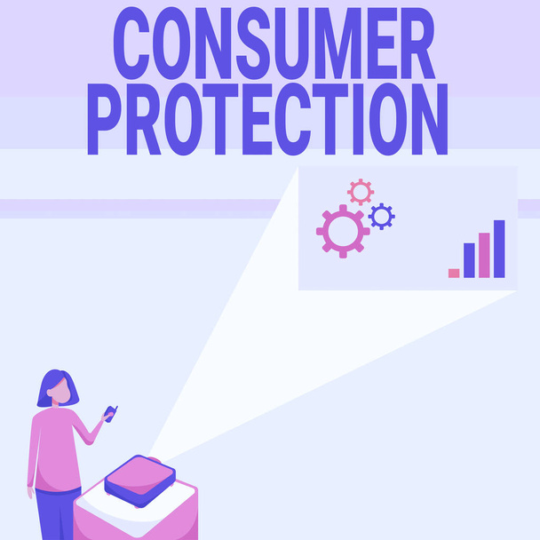 Käsiala teksti kuluttajansuoja. Liiketoiminta lähestymistapa Reilun kaupan lait varmistaa kuluttajien oikeuksien suojelu Lady Standing Holding Projektori kaukosäädin esittää kaavion kasvu. - Valokuva, kuva