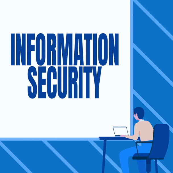 Conceptual display Information Security. Business showcase INFOSEC Preventing Unauthorized Access Being Protected Man Sitting Armchair Using Laptop Placed On Table With Large Blank Board. - Foto, Bild