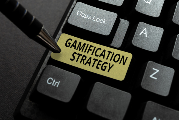 Inspiration showing sign Gamification Strategy. Word for use Rewards for Motivation Integrate Game Mechanics Typing A New Mystery Novel, Creating Online Post On Social Media - Foto, Imagem