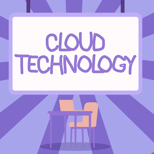 Tekst pokazujący inspirację Cloud Technology. Internet Koncepcja przechowywania i dostępu do danych i programów przez Internet Blank Whiteboard z laptopem umieszczonym na szczycie stołu z krzesłem. - Zdjęcie, obraz