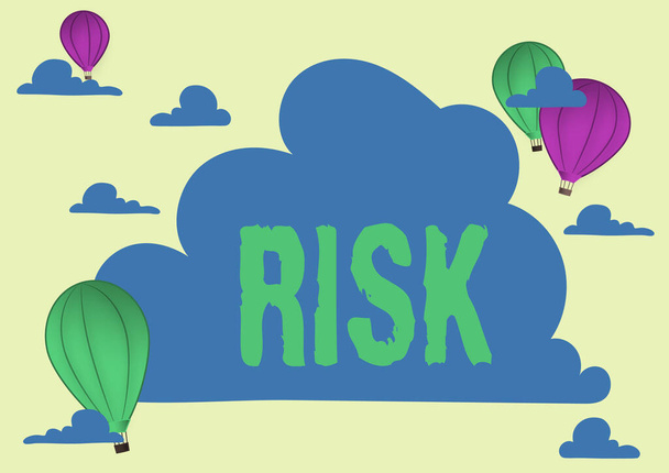 Text showing inspiration Risk. Business idea Possibility of losing something of value or threat of damage Hotair Balloon Illustration Flying Clouds Reaching New Destinations - Photo, Image