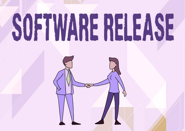 Writing displaying text Software Release. Business approach sum of stages of development and maturity for program Man And Woman Standing Facing Towards Each Other Holding Hands. - Photo, Image