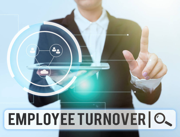 Sign displaying Employee Turnover. Internet Concept Number or percentage of workers who leave an organization Woman In Suit Holding Tablet Pointing Finger On Futuristic Virtual Button. - Foto, immagini