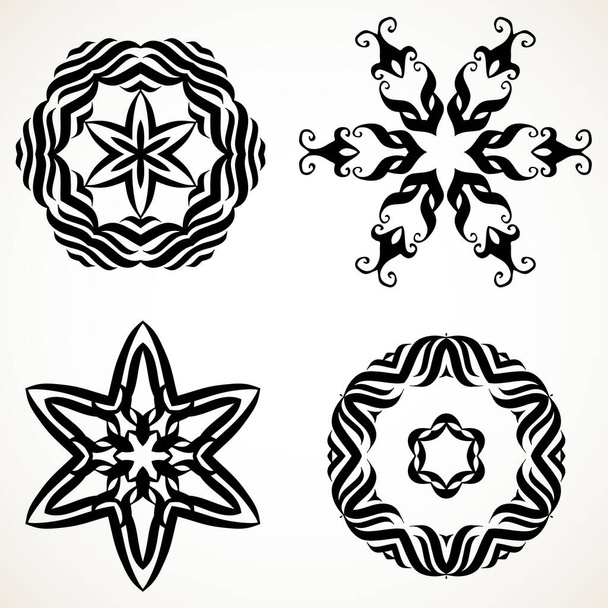 Set of ornate lacy doodle floral round rosettes in black over white backgrounds. Mandalas formed with hand drawn calligraphic elements. - Vektor, kép