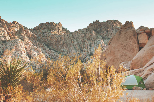 A view of a camping tent set up hidden among the rocky terrain of Joshua Tree National Park. - Zdjęcie, obraz