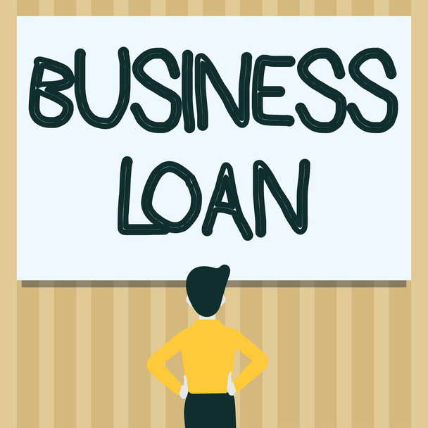 Writing displaying text Business Loan. Internet Concept Credit Mortgage Financial Assistance Cash Advances Debt Man Drawing Standing Hands N Hips Looking At An Empty Whiteboard. - Photo, Image
