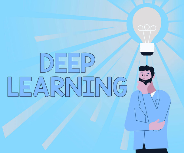 Teksten weergeven van Deep Learning. Business showcase Hiërarchische abstracties Kunstmatige intelligentie algoritme Illustratie van een man die staat te komen met nieuwe geweldige ideeën. - Foto, afbeelding