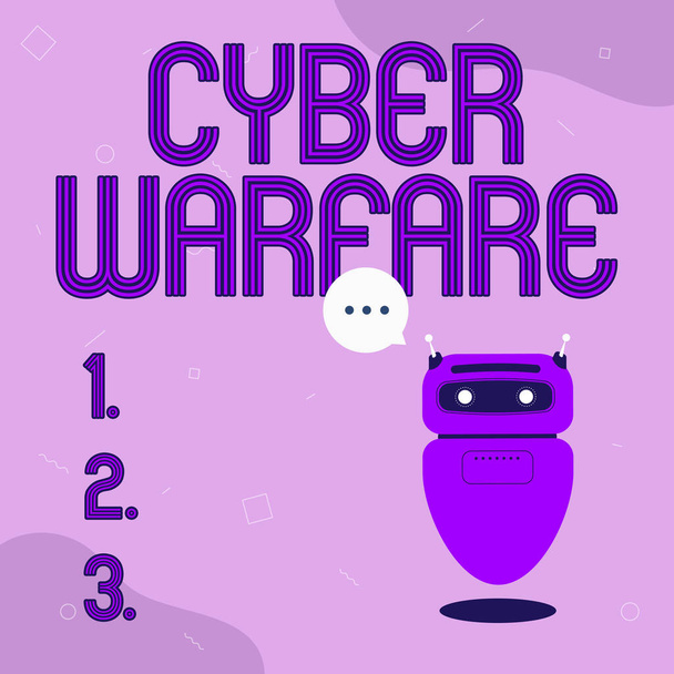 Inspiration showing sign Cyber Warfare. Business overview Virtual War Hackers System Attacks Digital Thief Stalker Illustration Of Cute Floating Robot Telling Information In A Chat Cloud. - Photo, Image