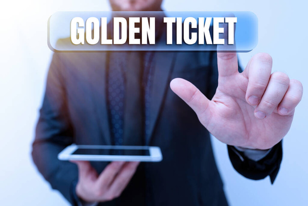 Sign displaying Golden Ticket. Concept meaning Rain Check Access VIP Passport Box Office Seat Event Presenting New Technology Ideas Discussing Technological Improvement - Photo, Image