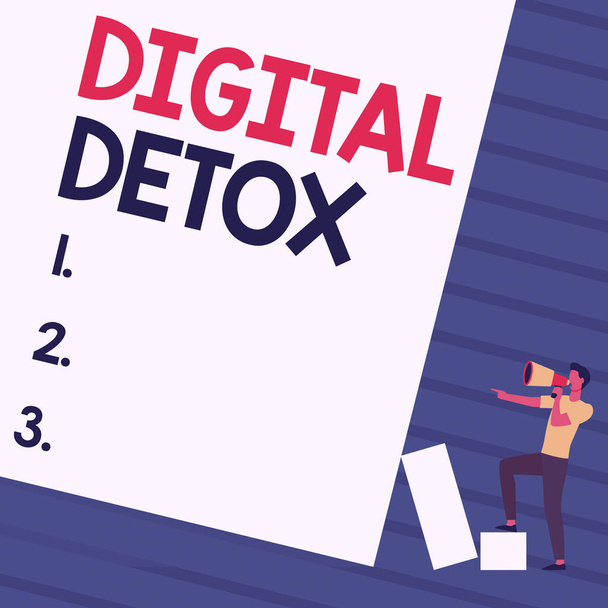 Sign displaying Digital Detox. Internet Concept Free of Electronic Devices Disconnect to Reconnect Unplugged Man Standing Drawing Holding Megaphone Pointing Blank Wall. - Photo, Image