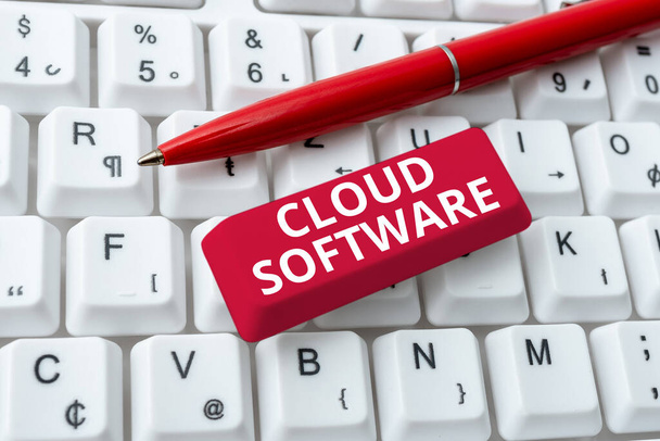 Kézírás jel Cloud Software. Word Written on Programs used in Tárolás Hozzáférés az adatokhoz az interneten keresztül Absztrakt gépelés Új táblázatok, Szervezése Filing Systems Concept - Fotó, kép