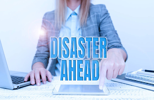 Writing displaying text Disaster Ahead. Concept meaning Contingency Planning Forecasting a disaster or incident Architect Interviewing Client, Reporther Gathering Important Informations - Foto, Imagem