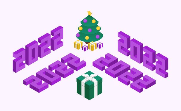 2022-es izometria számok karácsonyfával és ajándékokkal. Újévi kompozíció lila és zöld stílusban. Az izometriai számok négy variációja - Vektor, kép