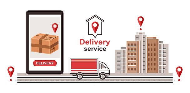 Express parcel delivery service. Fast transport shipping post package. Courier home deliver. Online shopping. Logistic supply goods to address. Order tracking. Cardboard box on smartphone screen, truck on road, send cargo. Gps route. Vector - Vektor, Bild