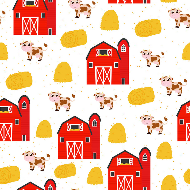 Farm barn and animals seamless pattern with haystacks and cows in cartoon style, ideal ornament for beddings, posters or textile design for children - Vettoriali, immagini