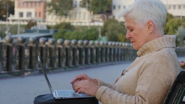 Elderly woman of retirement age typing on computer looking for goods buying shopping online. Side view of mature adult businesswoman working on laptop, checking mail sitting outdoors at weekend - Footage, Video
