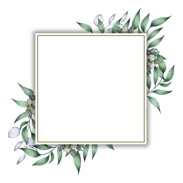 Square frame of eucalyptus plant, white berries with a red bow. Drawn with colored pencils. It can be used for invitations, postcards, and holiday decorations. - 写真・画像