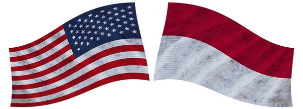 Indonesia ja USA Yhdysvallat Yhdysvallat Aaltoileva kangas lippu 3D-kuvitus - Valokuva, kuva