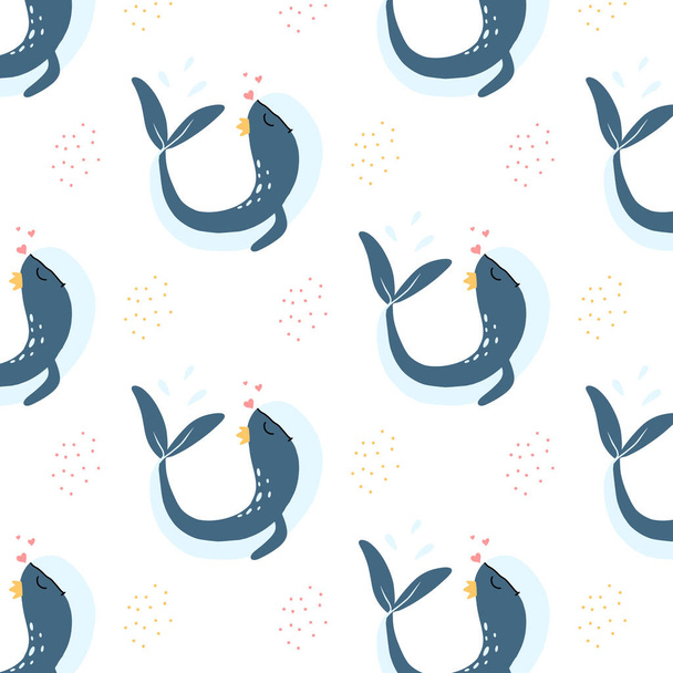  Vector seamless pattern with cute whale and hearts. Childish pattern with a blue whale. - Vector, Image