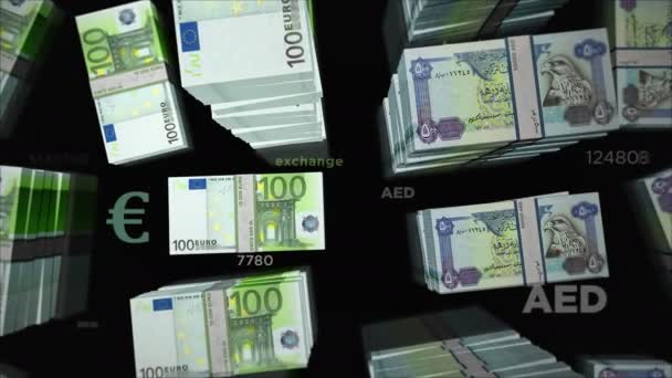 Euro en Arabische Emiraten Dirhams geld wisselen. Papieren bankbiljetten pakken bundel. Begrip handel, economie, mededinging, crisis, bankieren en financiën. Opmerkingen loopable naadloze 3d animatie. - Video